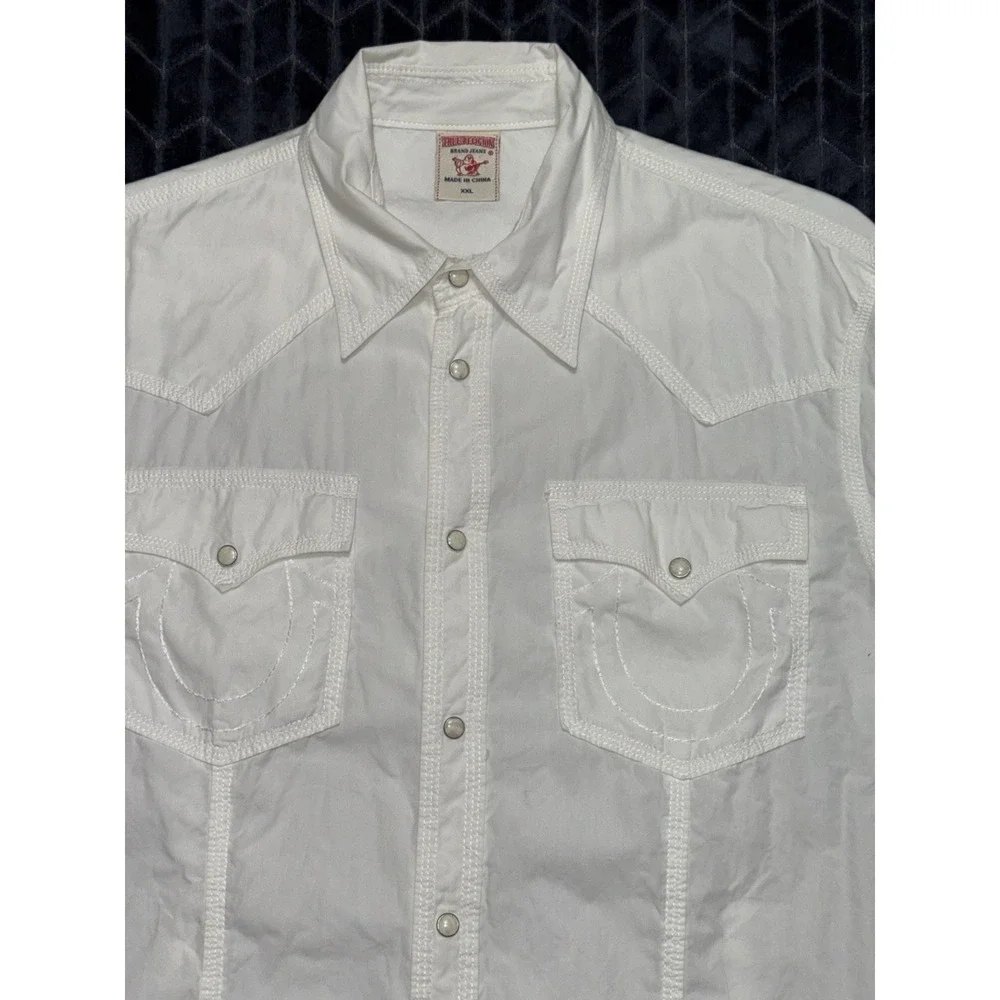 True Religion Mens White Pearl Snap Western Long Sleeve Shirt Pockets Sz 2XL